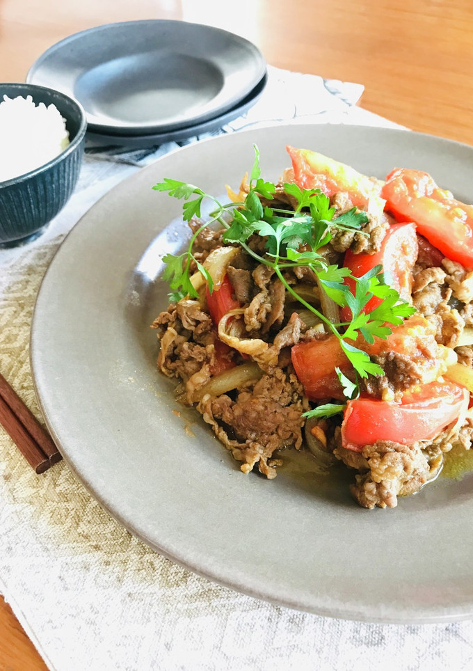 簡単おかず♪牛こまとトマトのカレー炒め-レシピのメイン写真