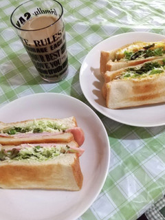 キャベツサラダの焼きサンド①卵焼き②ハム-レシピのメイン写真