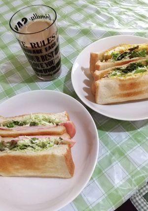 キャベツサラダの焼きサンド①卵焼き②ハム-レシピのメイン写真