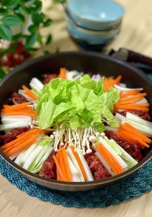 味付け牛肉と千切り野菜のピリ辛すき焼き風-レシピのメイン写真