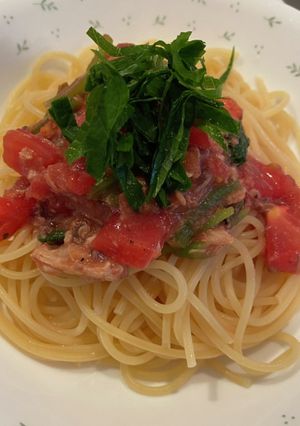 鯖缶とトマトのガーリック冷製パスタ-レシピのメイン写真