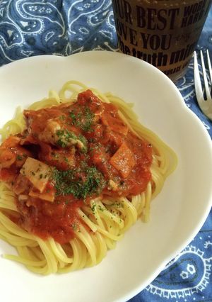 トマトソースパスタ肉入り-レシピのメイン写真