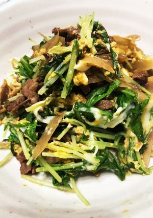 水菜たっぷり牛ごぼうの柳川風-レシピのメイン写真