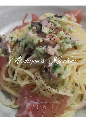 簡単！生ハムと胡瓜の柚子胡椒冷製パスタ-レシピのメイン写真