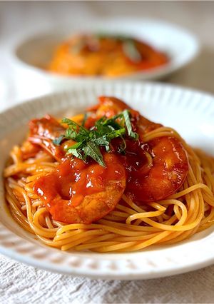 市販のソース活用！海老トマトスパゲティ-レシピのメイン写真