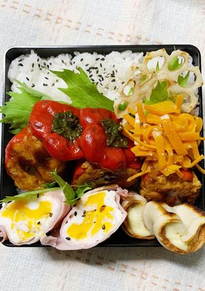 9/4赤ピーマン肉詰め弁当-レシピのメイン写真
