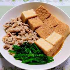 A picture of 簡単夕飯主菜ほうれん草豚バラ厚揚げ肉豆腐作り置き.