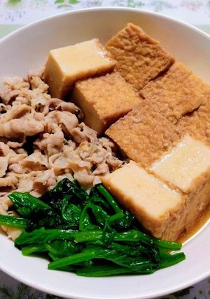 簡単夕飯主菜ほうれん草と豚バラと厚揚げ肉豆腐煮-レシピのメイン写真