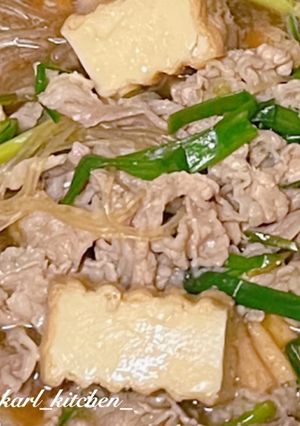 簡単牛バラ薄切り絹厚揚げこねぎの肉豆腐-レシピのメイン写真