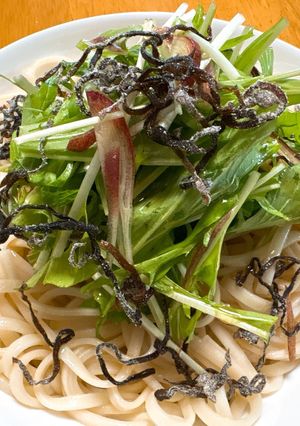 胡麻油香る！水菜と塩昆布のぶっかけうどん-レシピのメイン写真