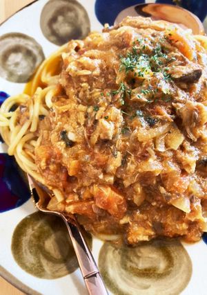 鯖味噌煮缶トマトパスタ-レシピのメイン写真