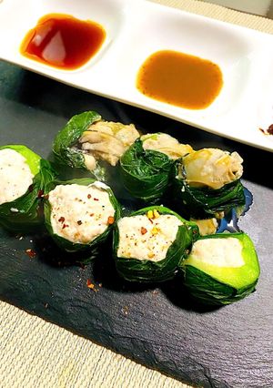 青梗菜で鶏胸ひき肉と牡蠣の包み蒸し-レシピのメイン写真