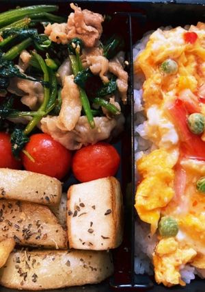 蟹玉法蓮草と豚肉のバター風味高校男子弁当-レシピのメイン写真
