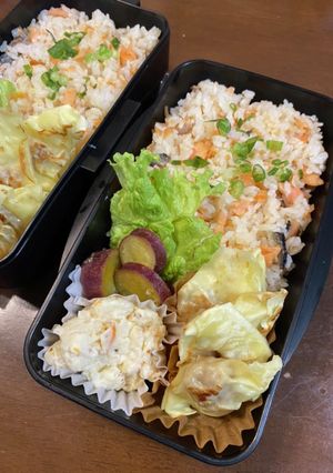サーモンハラス混ご飯と焼ワンタン弁当-レシピのメイン写真