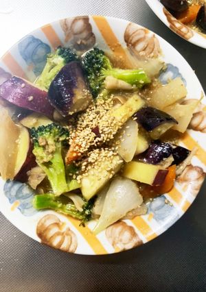 根菜茄子肉なし甘辛照り焼き味温野菜サラダ-レシピのメイン写真