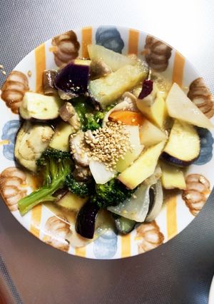 根菜茄子肉なし甘辛酢炒め味温野菜サラダ-レシピのメイン写真