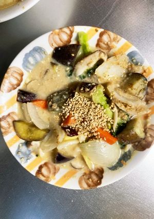 根菜茄子豆乳味噌スープ炒味温野菜サラダ-レシピのメイン写真