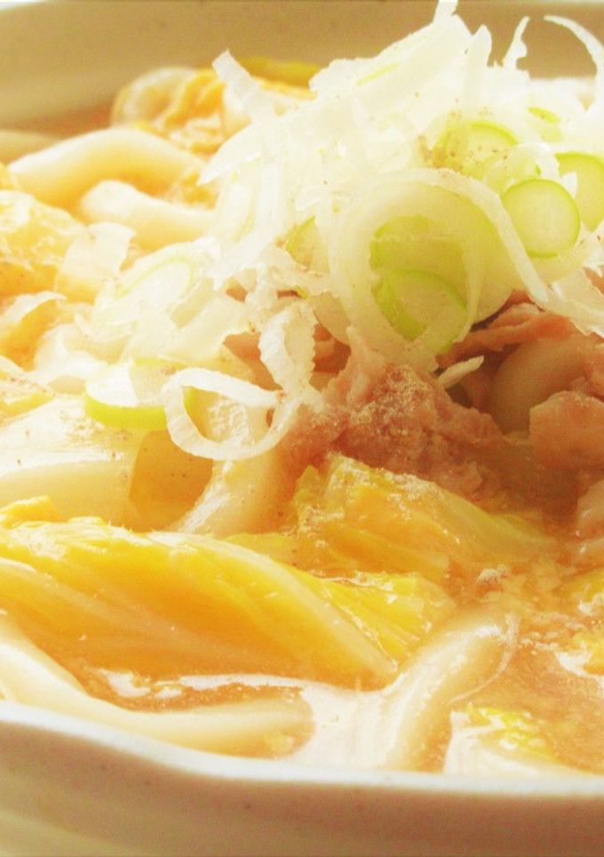 豚こま肉と白菜とふんわり卵の鶏だしうどん-レシピのメイン写真