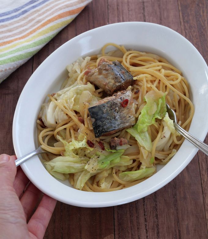 ワンパン!さばのみそ煮とキャベツのパスタ-レシピのメイン写真