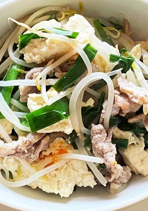 簡単栄養　豆腐　ニラ　もやし　豚肉炒め物-レシピのメイン写真