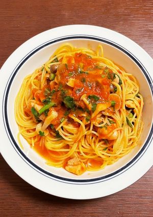 春菊とチキンのトマトパスタ-レシピのメイン写真