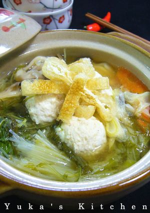ふんわり鶏団子と水菜のガーリック味噌鍋-レシピのメイン写真