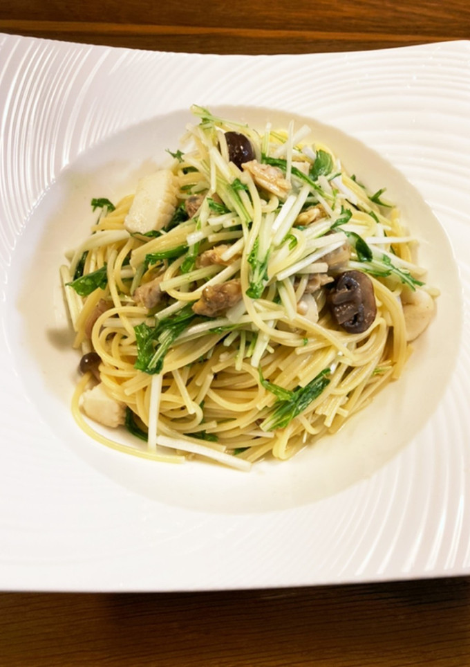 シーフードアヒージョの残りと水菜のパスタ-レシピのメイン写真
