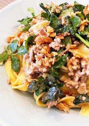 ワインと♡ひき肉とクレソンの和風パスタ-レシピのメイン写真
