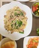 ベーコンときのことほうれん草の和風パスタ