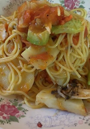 ポテトとアボカドとしめじのトマトパスタ-レシピのメイン写真