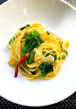 菜の花と湯葉　ニンニクアンチョビパスタ-レシピのメイン写真