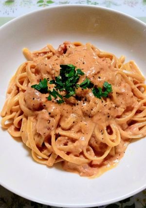 簡単昼食ウニ？味噌トマトクリームのパスタ-レシピのメイン写真