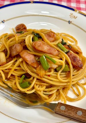 キムチとウインナーと空芯菜の簡単パスタ♪-レシピのメイン写真