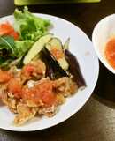 薄切り豚とナス揚げ　トマトポン酢ソースで