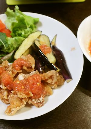 薄切り豚とナス揚げ　トマトポン酢ソースで-レシピのメイン写真