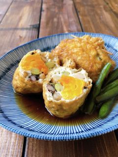 簡単♪油あげと卵の巾着煮/豆入り-レシピのメイン写真