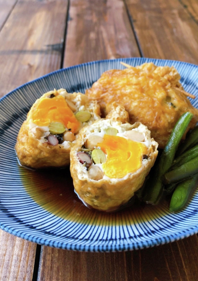 簡単♪油あげと卵の巾着煮／豆入り-レシピのメイン写真
