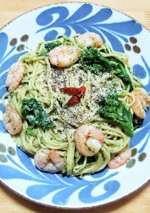 菜の花とエビのジェノベーゼ風パスタ-レシピのメイン写真