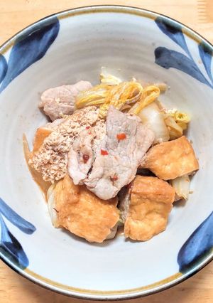 豚こま肉に油揚げと白菜にキノコの味噌炒め-レシピのメイン写真