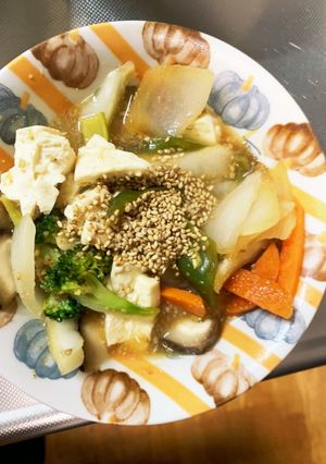 レンジ肉無豆腐玉ねぎあん炒味洋風野菜炒め-レシピのメイン写真