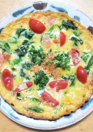菜の花にミニトマトとベーコンのオムレツ-レシピのメイン写真