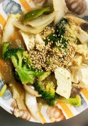 レンジ肉無し豆腐玉ねぎ味噌炒味野菜炒め-レシピのメイン写真