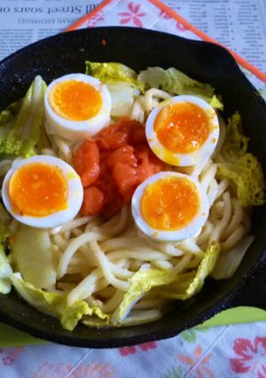 ゆで卵・明太・白菜の焼きうどん-レシピのメイン写真