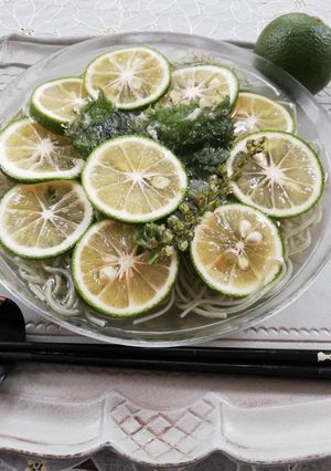 かぼすスライスの冷やしよもぎ細うどん-レシピのメイン写真