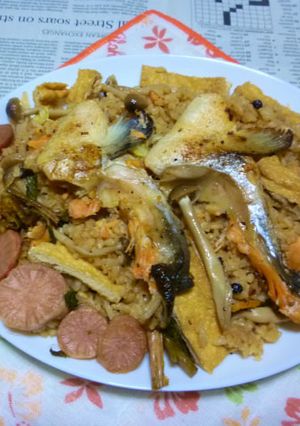 焼き鮭京揚げしめじ炊き込みご飯カフェ丼１-レシピのメイン写真