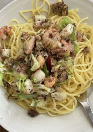 鯖オリーブオイル漬け缶、パスタ、冷凍魚介-レシピのメイン写真