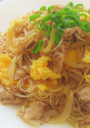 豚こま肉と玉ねぎと卵のそうめんチャンプル-レシピのメイン写真