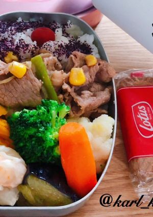 簡単牛肉炒め温野菜焼売弁当覚書-レシピのメイン写真