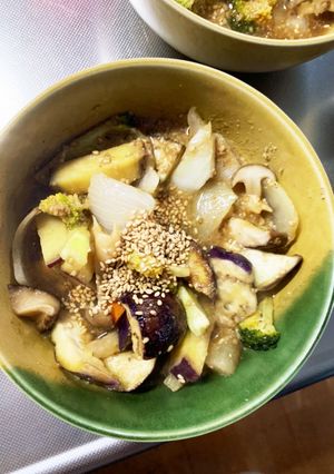 根菜茄子肉無し甘辛炒め味温野菜サラダ-レシピのメイン写真