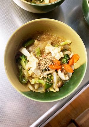 レンジ肉無豆腐オニオン甘辛炒め味野菜炒め-レシピのメイン写真